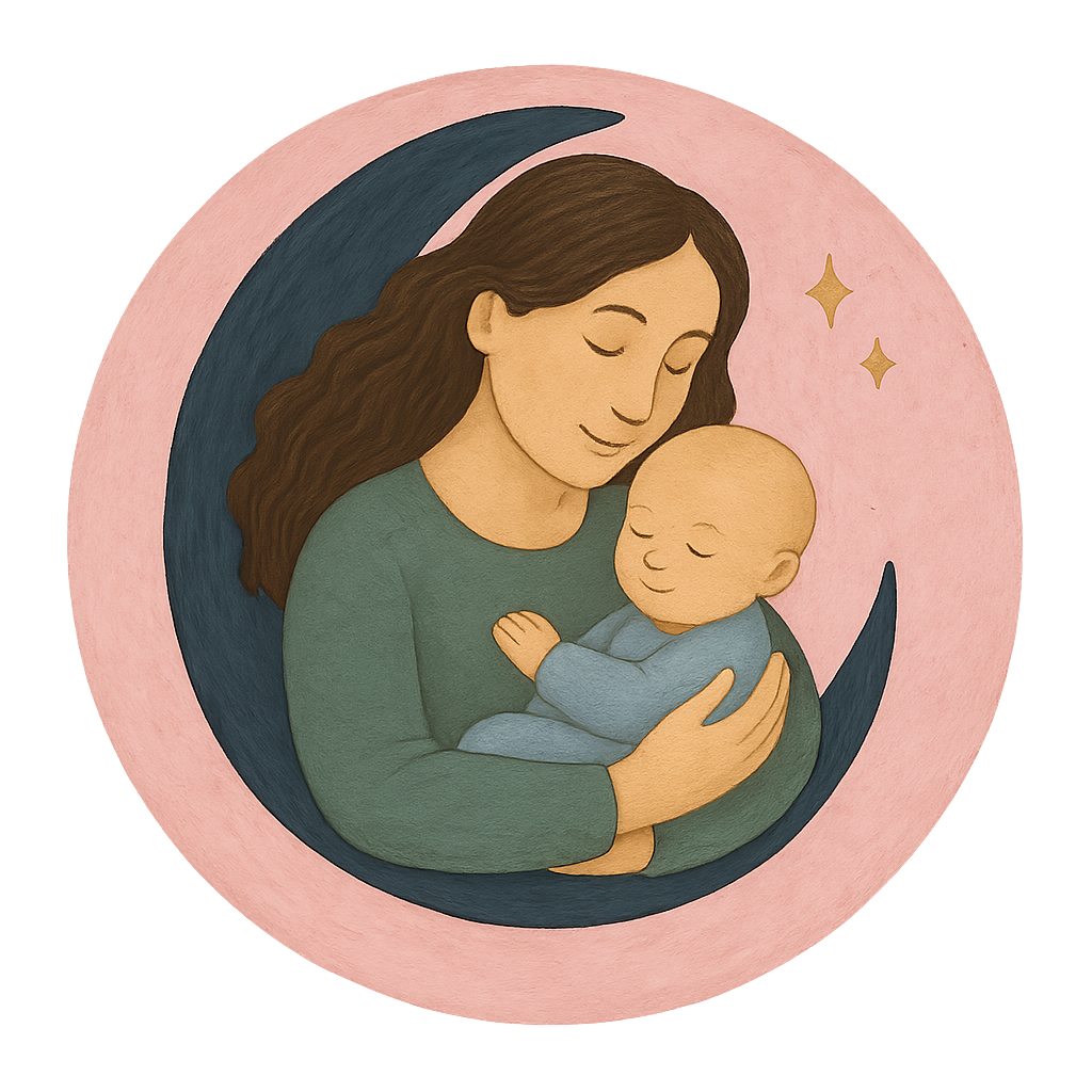 Illustrated logo of a mother holding a baby in a crescent moon with a pink background and golden stars.