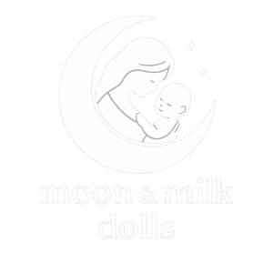 White logo of a woman gently holding a reborn doll inside a crescent moon, with stars above and the words "moon & milk dolls" below.