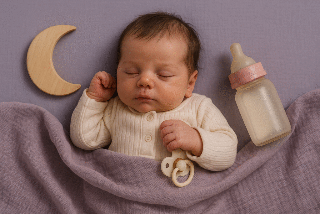 Wondering why people have reborn dolls? A lifelike reborn baby doll lies peacefully on a lavender muslin blanket, dressed in a cream onesie, with a dummy and wooden moon nearby.