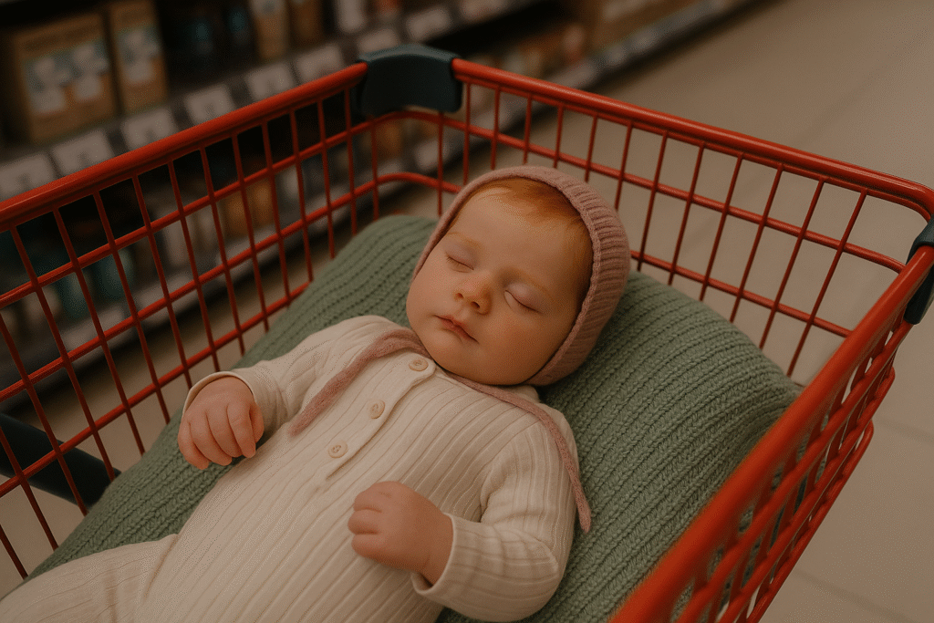 A lifelike reborn baby doll with red hair lying in a red supermarket shopping cart, used to illustrate where to buy reborn dolls in the UK safely and authentically
