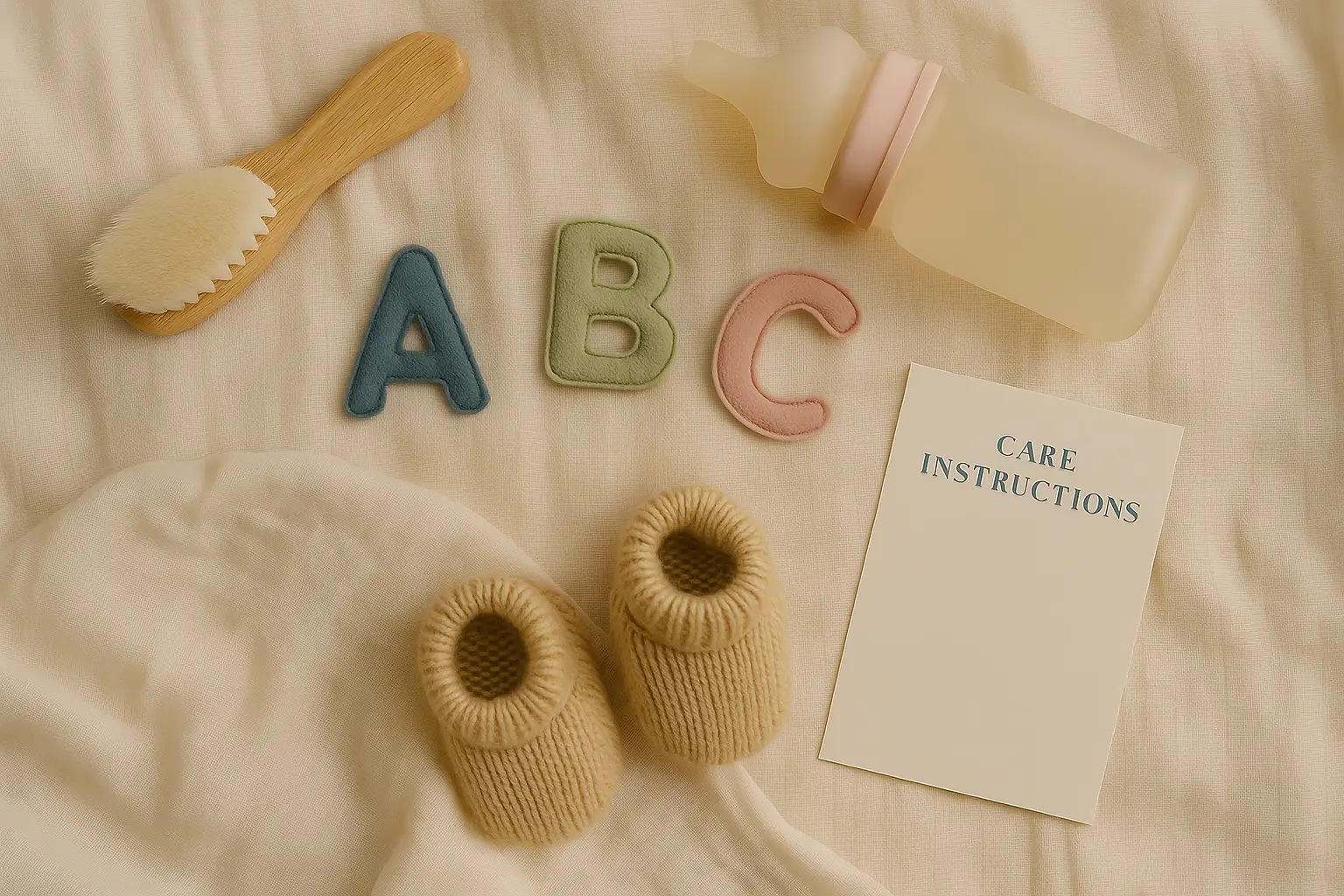 Soft flat lay showing ABC felt letters, a baby bottle, brush, knitted booties, and care instructions – styled for a reborn doll glossary