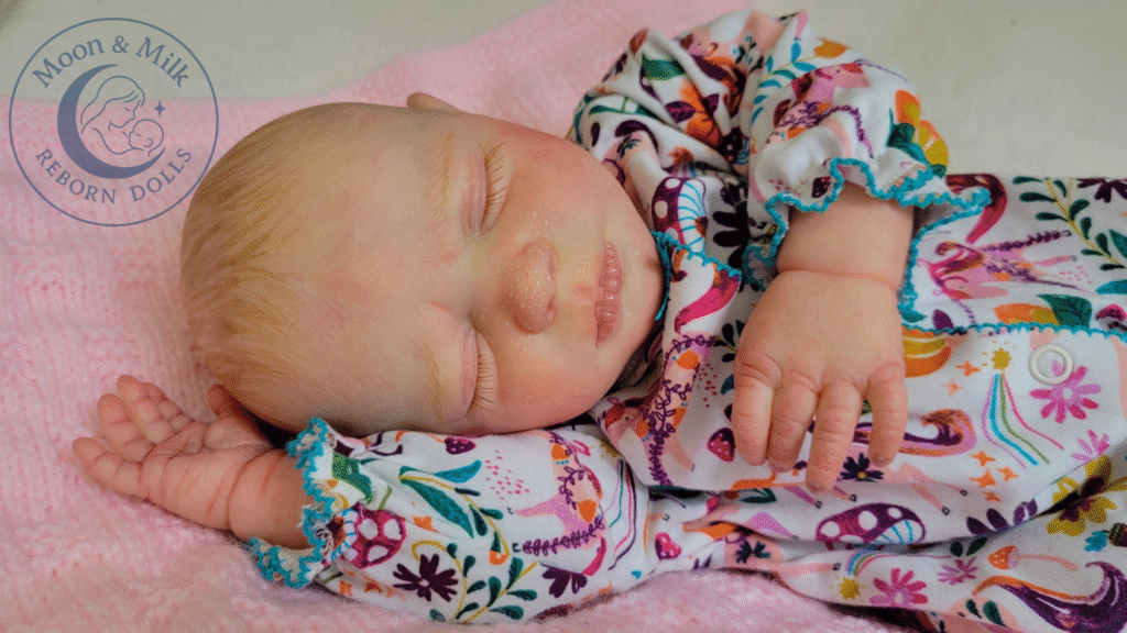 Realistic reborn doll sleeping on a pink blanket in colourful floral sleepsuit with closed eyes and delicate skin texture
