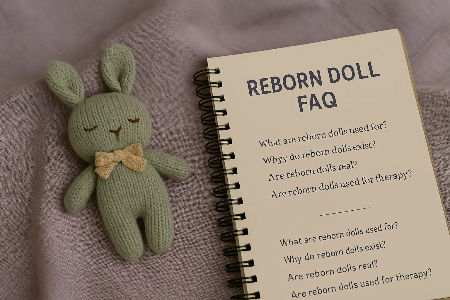 An open spiral-bound notebook titled “Reborn Doll FAQ” rests on a lavender muslin cloth beside a knitted sage green bunny, with soft natural lighting and calming tones.
