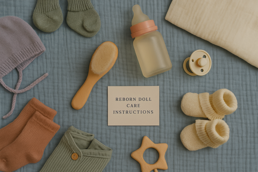 A flat lay of baby and reborn doll care essentials on a quilted blue blanket, including a wooden brush, vintage-style bottle, muslin cloth, knitted booties, pacifier, baby clothes, and a teething ring — styled to illustrate how to care for my reborn doll.