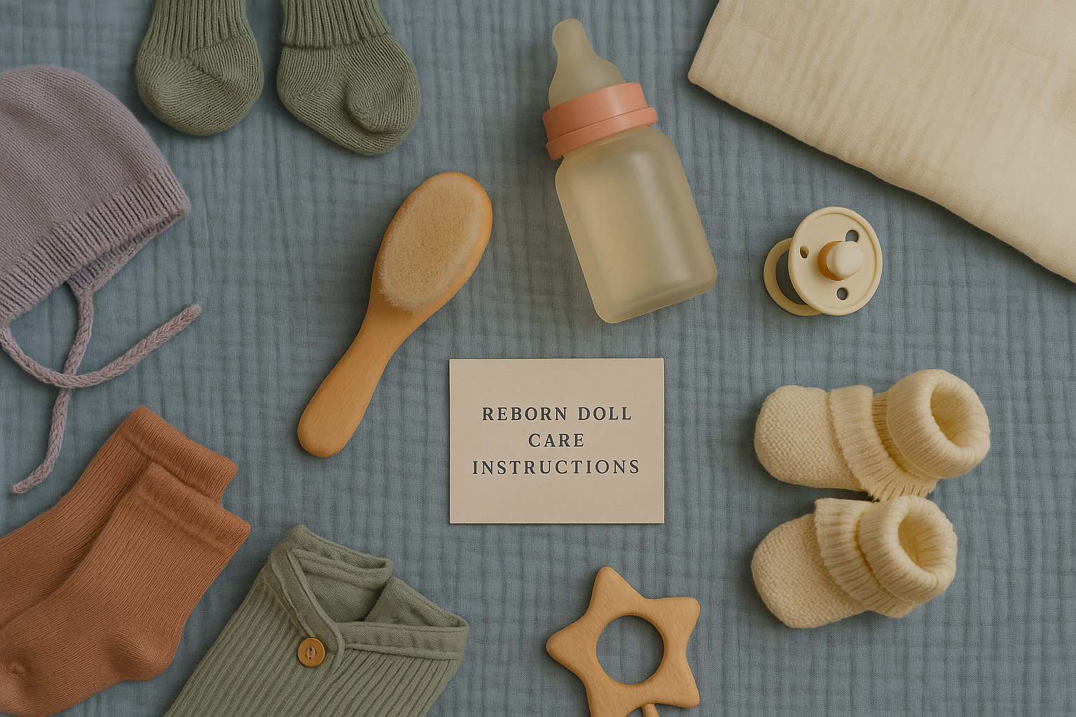 A flat lay of baby and reborn doll care essentials on a quilted blue blanket, including a wooden brush, vintage-style bottle, muslin cloth, knitted booties, pacifier, baby clothes, and a teething ring — styled to illustrate how to care for my reborn doll.