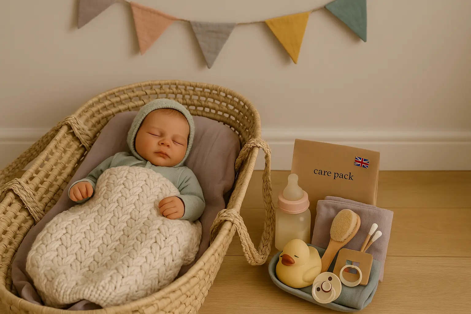 A realistic reborn baby doll sleeps in a Moses basket under a chunky cream knit blanket, with pastel bunting in the background and a UK Reborn Care Guide beside them containing gentle baby items.