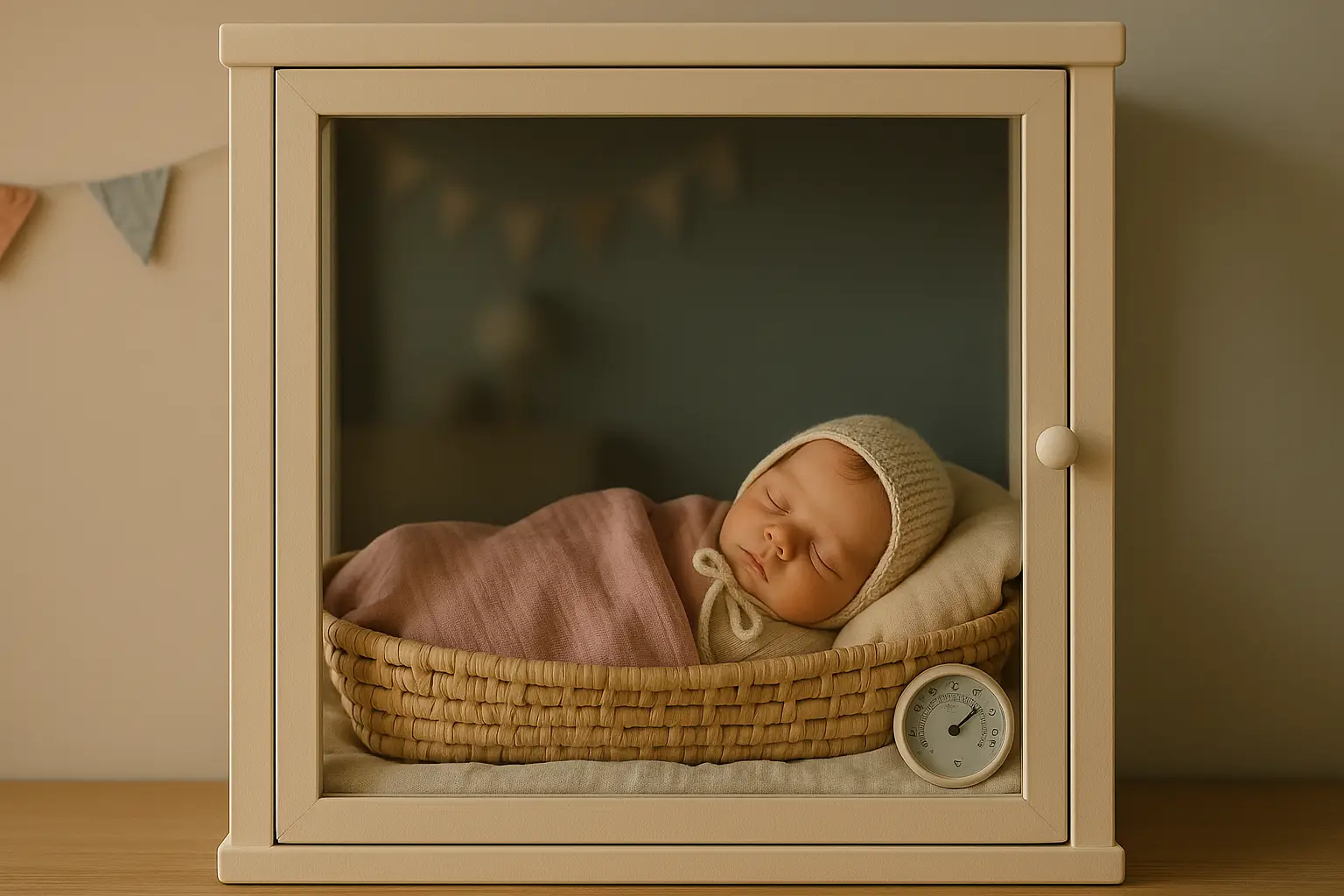 A lifelike reborn doll sleeps inside a glass-fronted nursery cabinet on a muslin-lined shelf, wrapped in a pastel blanket with a hygrometer nearby — a calming example of how to store a reborn doll safely.
