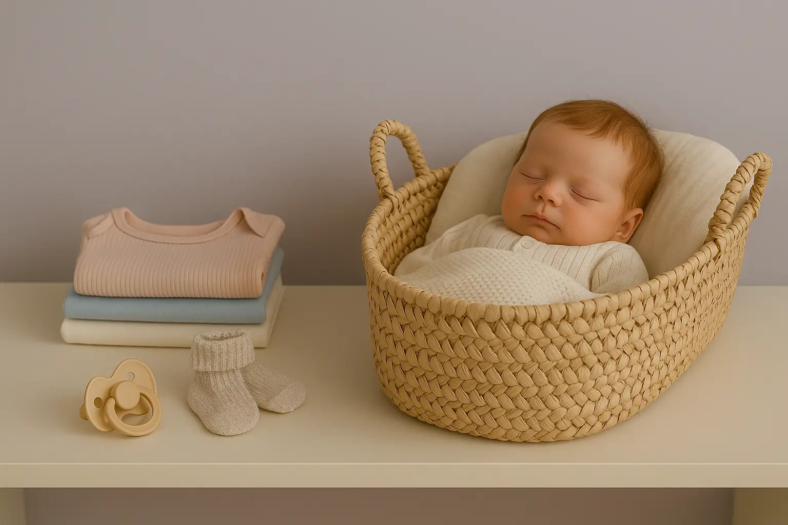 A realistic reborn doll sleeping in a Moses basket, displayed with baby clothes, socks, and a dummy — a UK reborn nursery setup in pastel tones.