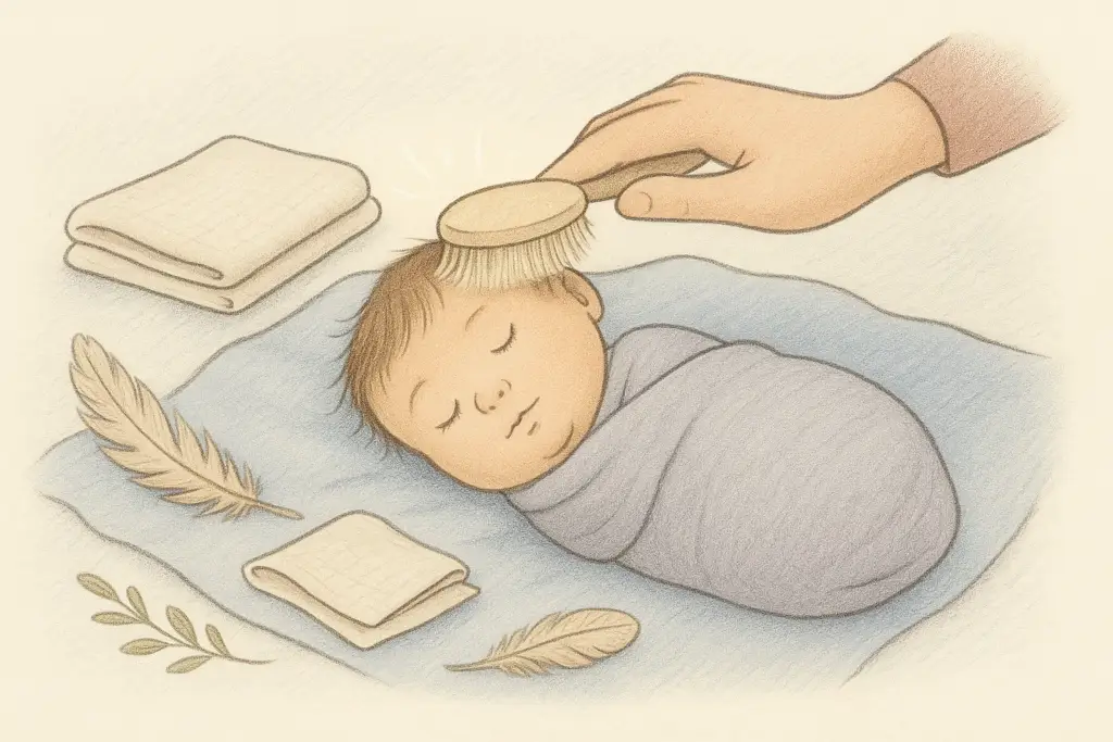 Hand-drawn illustration of a reborn lying on a blue cloth while a soft brush gently smooths its hair.