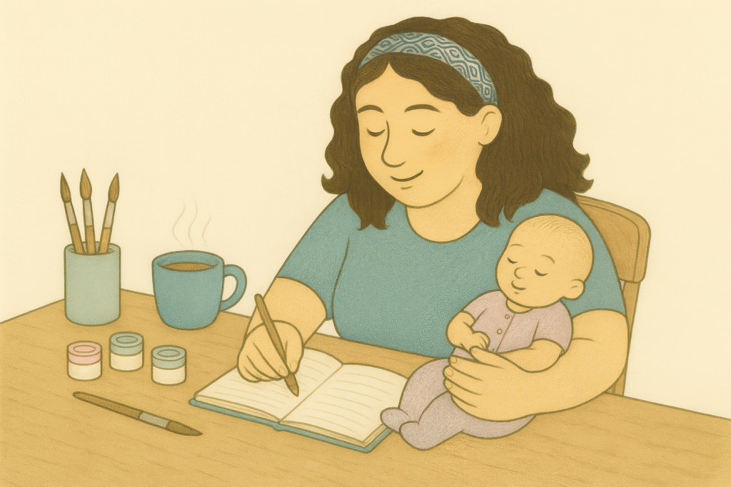 Storybook illustration of Aya wearing a teal t-shirt and headband, writing in a notebook while holding a reborn baby in a pastel bodysuit, with paints, brushes, and a cup of tea on the table.