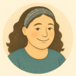 Storybook-style circular headshot of Aya with wavy brown hair, a patterned headband, and teal shirt on a soft cream background.