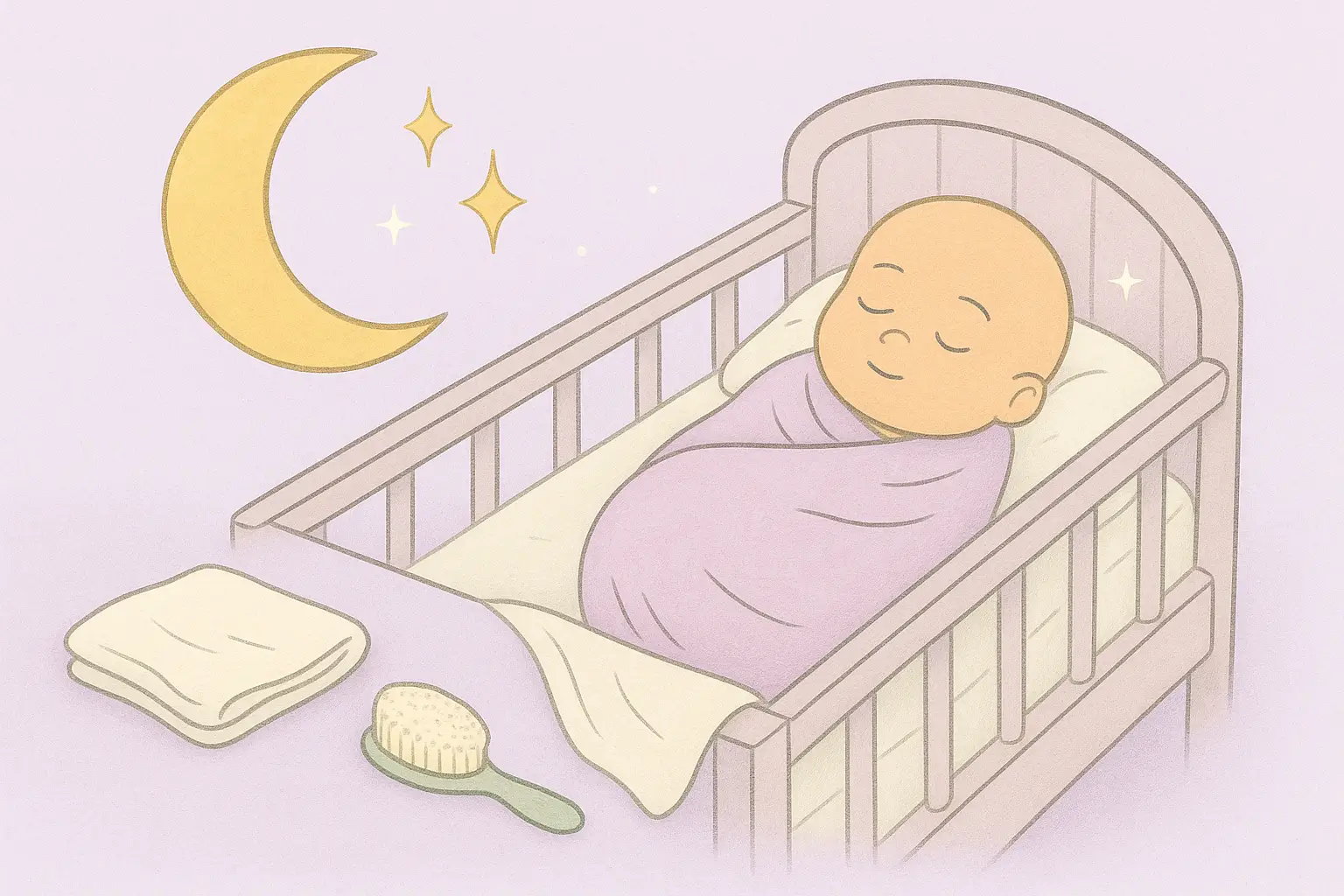 Storybook illustration of a reborn doll in a cradle with muslin cloth and baby brush – beginner’s guide UK.