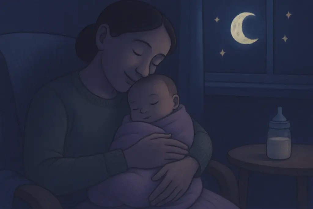 Storybook illustration of a mother cradling a swaddled baby in lavender under the moon and stars, with a bottle of milk on a table nearby.