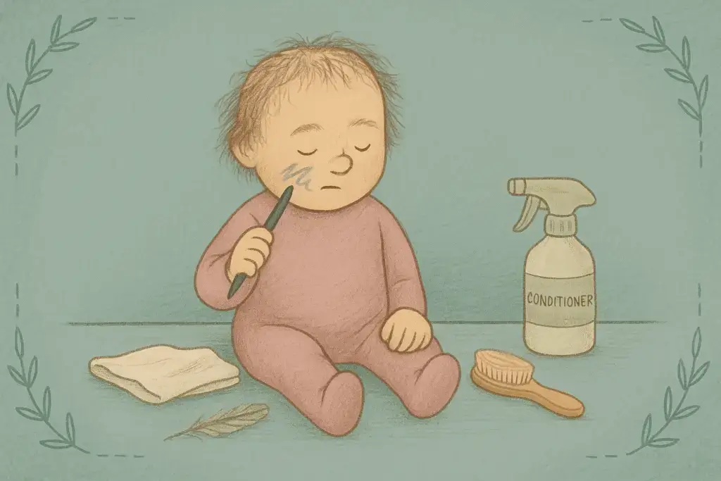 Illustrated reborn doll with sewing thread, button, and plaster on a teal background.