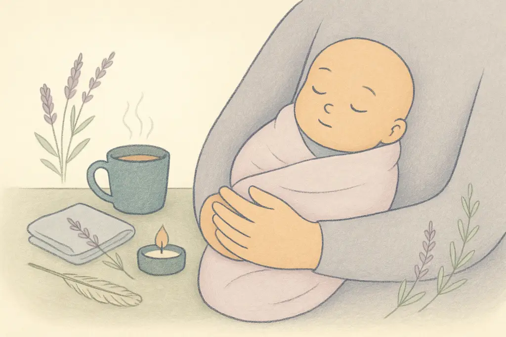 Storybook illustration of a reborn doll swaddled in lavender blanket, cuddled in arms beside tea, candle, and lavender sprigs.