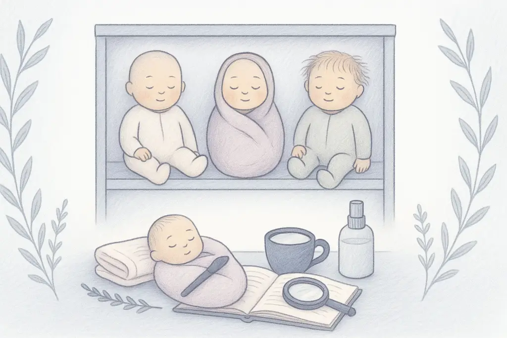 Illustration of dolls on a shelf with a storybook and magnifying glass.