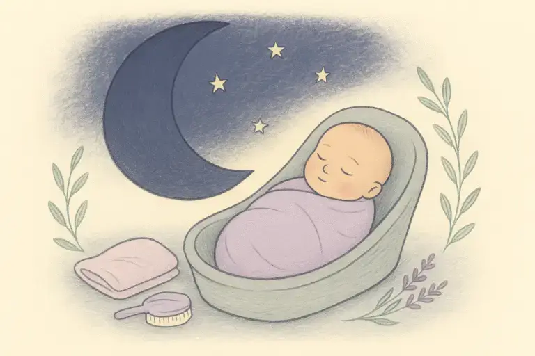 Storybook illustration of a reborn swaddled in lavender cloth under a crescent moon and stars.