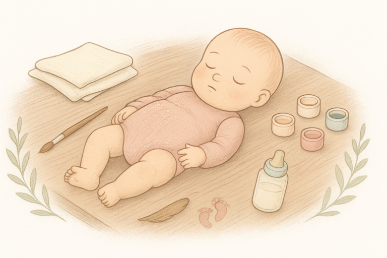 Illustration of a reborn in progress with brushes, paint pots, and muslin cloth.