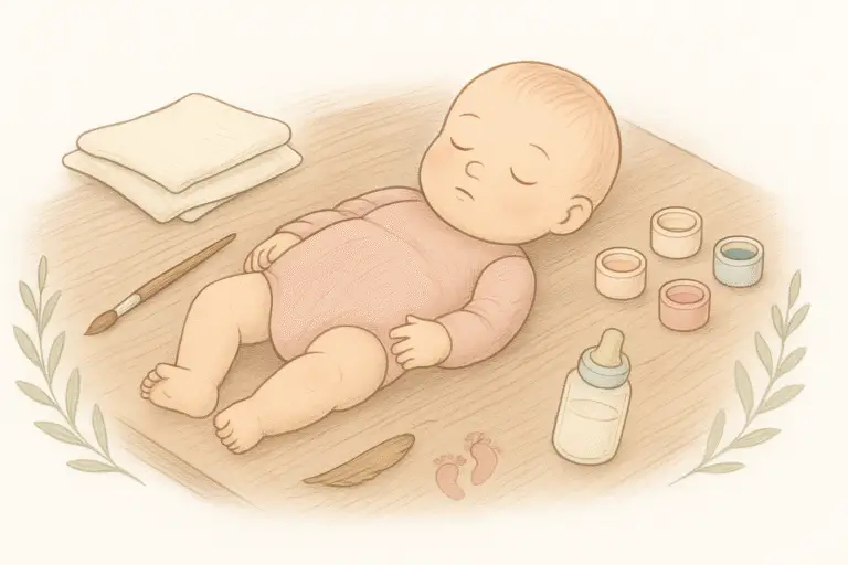 Illustration of a reborn in progress with brushes, paint pots, and muslin cloth.