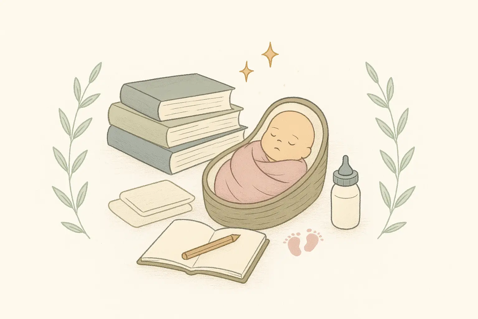 Storybook illustration of stacked books, a sketchbook with pencil, and glowing sparkles.