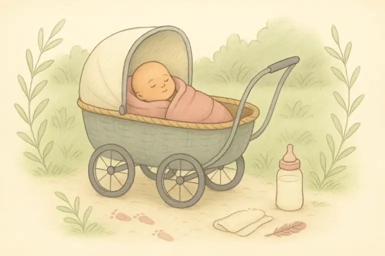 Storybook illustration of a reborn in a basket with a baby bottle and tiny footprints.