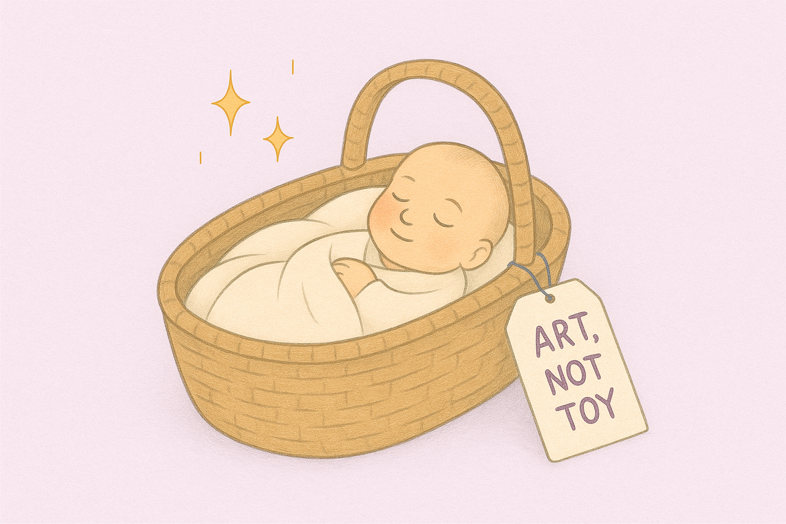 Storybook illustration of a reborn doll showing what is a reborn doll in a basket with a tag that says “Art, Not Toy” and sparkles above, on a lavender background.