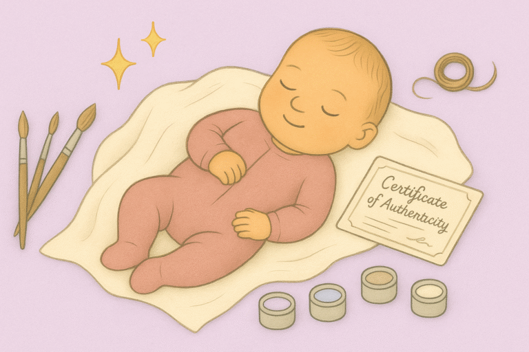 Storybook illustration of a reborn doll resting with paintbrushes, paint pots, a strand of mohair, and a certificate of authenticity, with sparkles above.