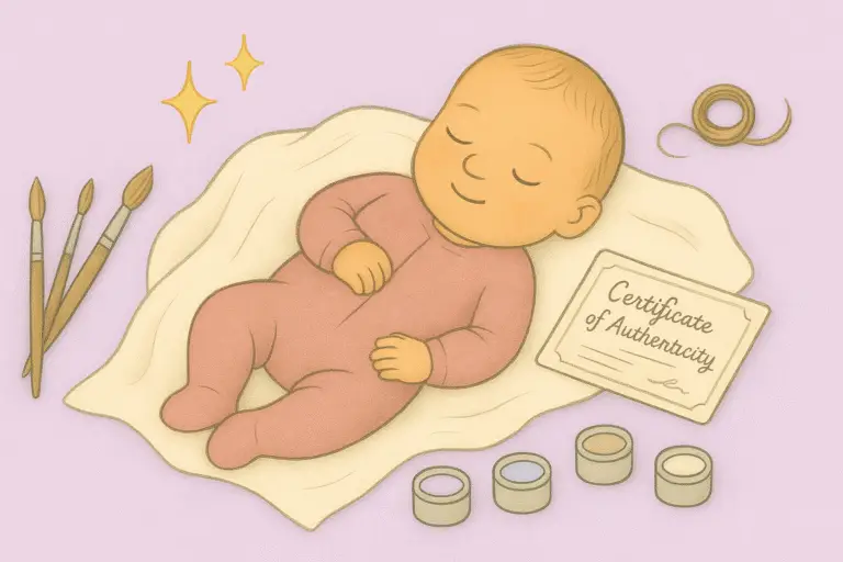 Storybook illustration of a reborn doll resting with paintbrushes, paint pots, a strand of mohair, and a certificate of authenticity, with sparkles above.