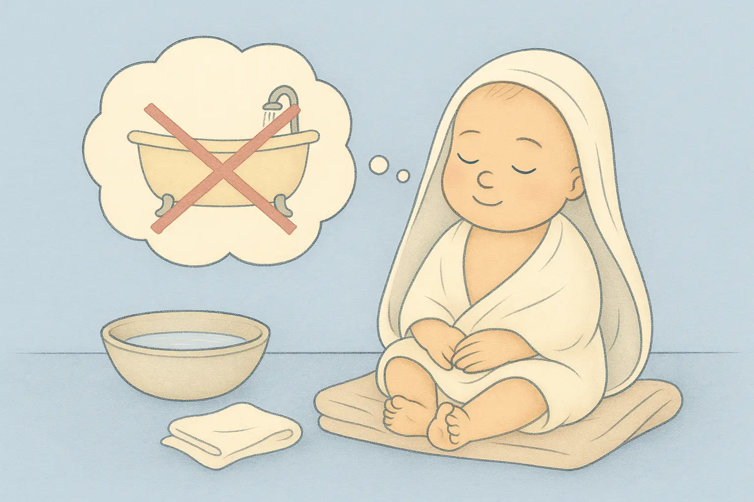 Storybook illustration of a reborn doll wrapped in a towel with a bowl of water and muslin cloth nearby, and a thought bubble showing a crossed-out bathtub.