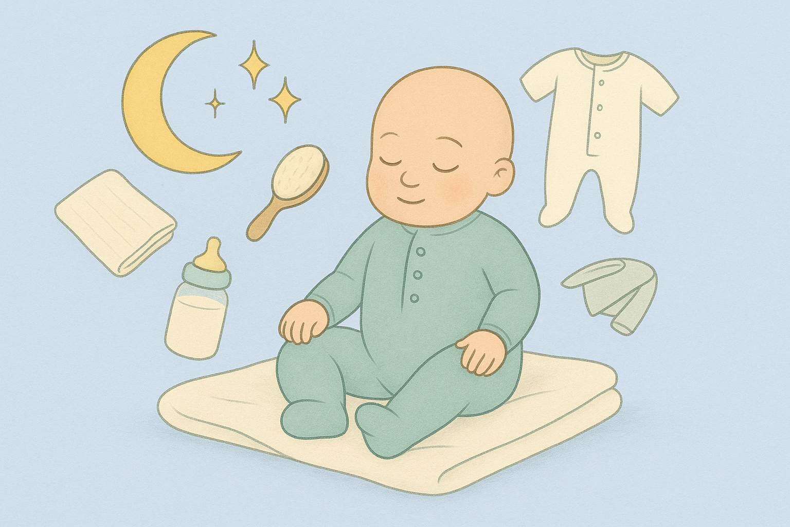 Storybook illustration of a reborn doll with care items – muslin cloth, brush, bottle, and sleepsuit, for UK reborn doll care guide.