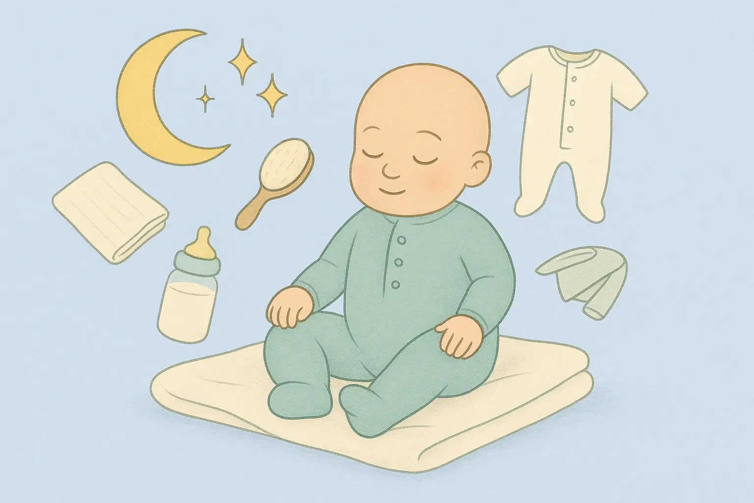 Storybook illustration of a reborn doll with care items – muslin cloth, brush, bottle, and sleepsuit, for UK reborn doll care guide.