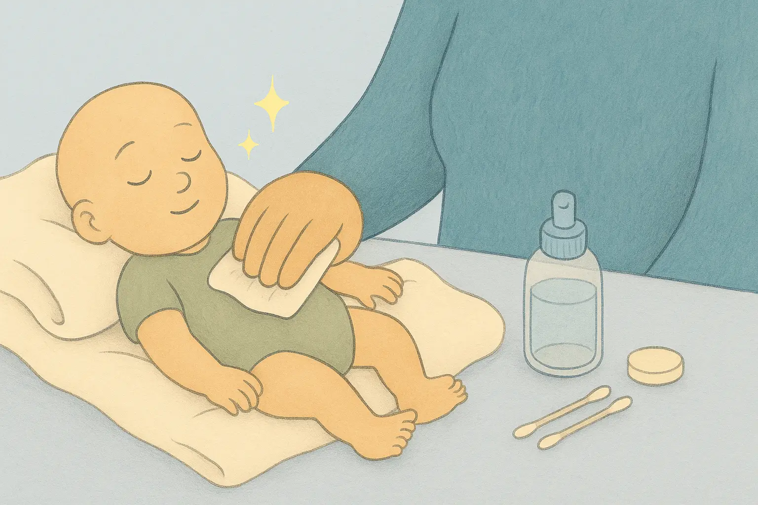Storybook illustration of a reborn doll on a towel while a parent’s hand cleans its arm with a soft cloth, with swabs, a water bottle, and sparkles nearby.
