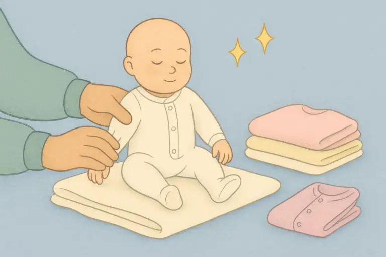 Storybook illustration of a reborn doll sitting on a blanket while a parent’s hand dresses it in a pastel sleepsuit, with folded clothes and sparkles nearby.
