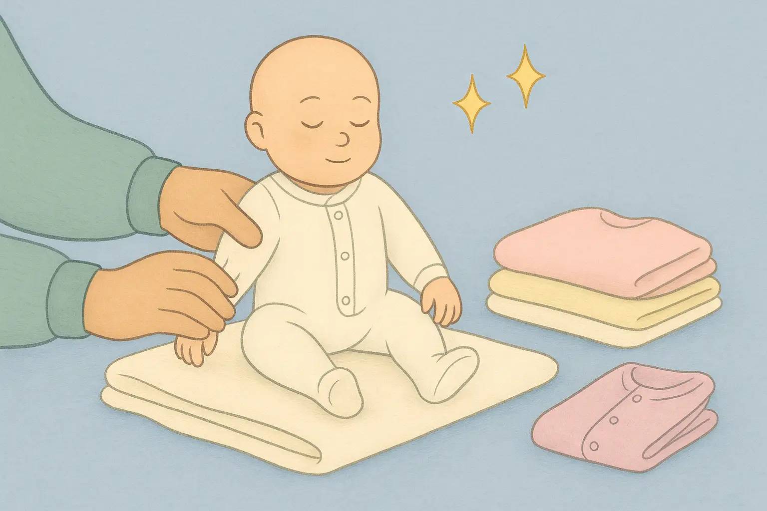 Storybook illustration of a reborn doll sitting on a blanket while a parent’s hand dresses it in a pastel sleepsuit, with folded clothes and sparkles nearby.