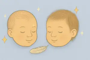 Storybook illustration of two reborn doll heads side by side, one with painted hair and the other with rooted mohair, with a feather and sparkles between them.