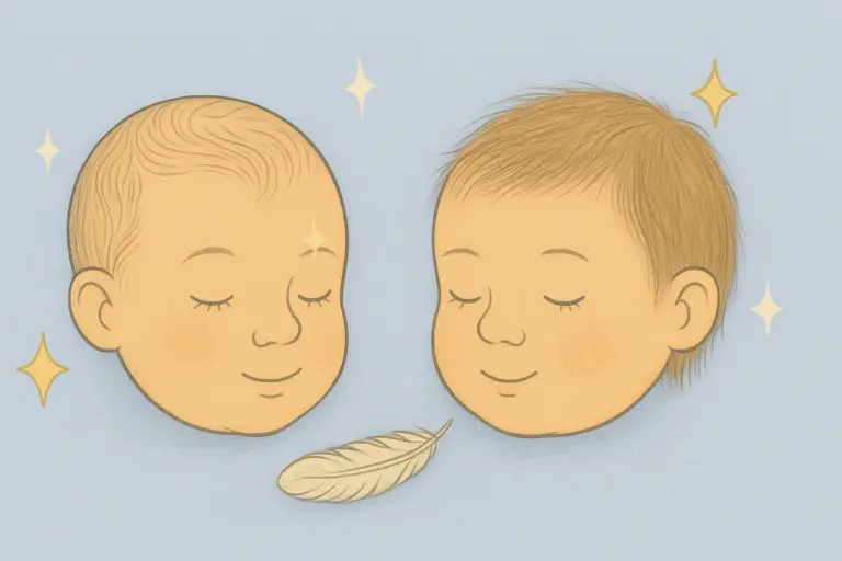 Storybook illustration of two reborn doll heads side by side, one with painted hair and the other with rooted mohair, with a feather and sparkles between them.