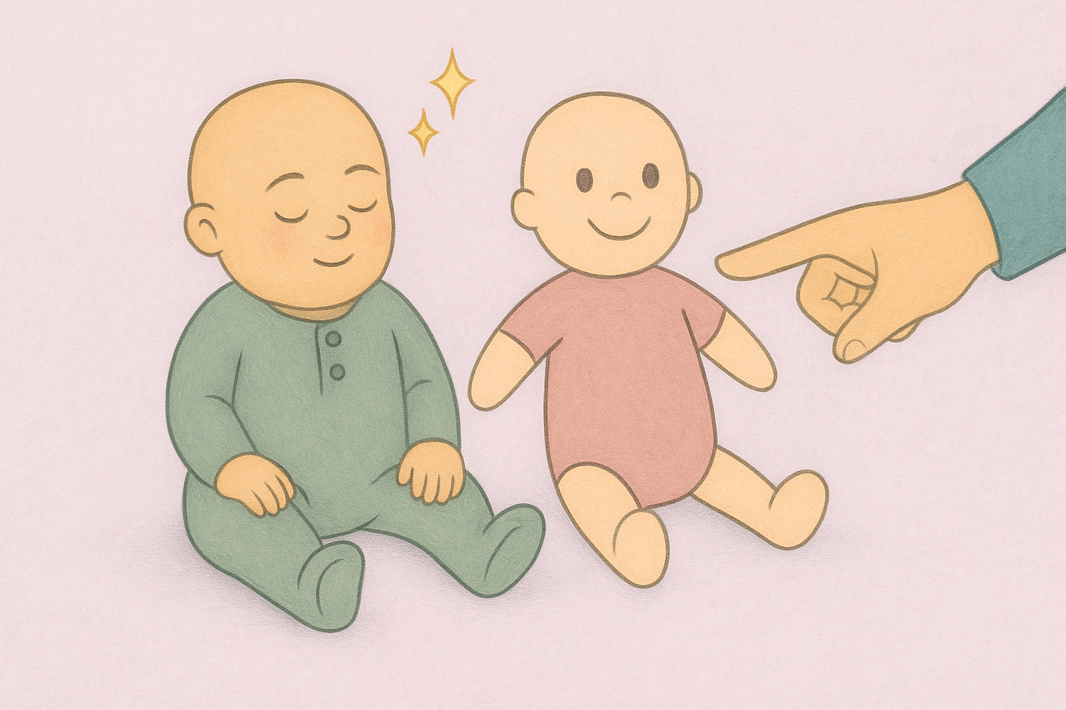 Storybook illustration showing two dolls side by side, one lifelike reborn and one simple toy-like figure, with a parent’s hand pointing to the real reborn and sparkles above it.