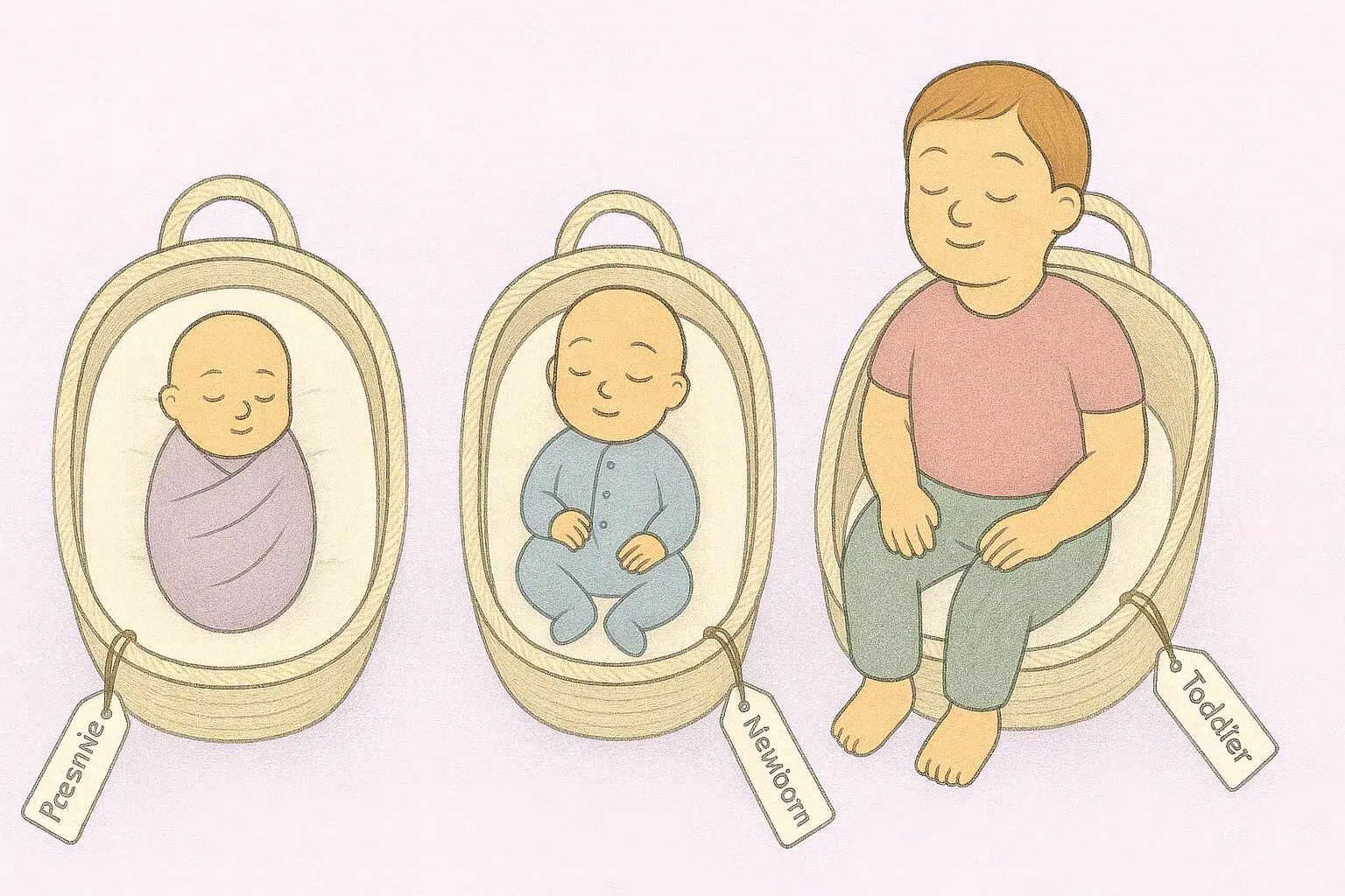 Storybook illustration of three reborn dolls in baskets labelled premature, newborn, and toddler, each with a price tag attached, on a lavender background.