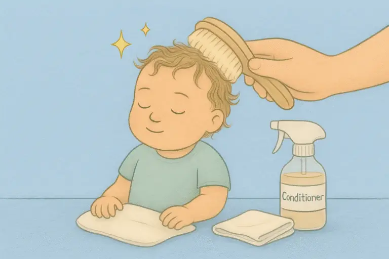 Storybook illustration of a reborn doll with rooted mohair being gently brushed, with a conditioner spray and muslin cloth nearby, and sparkles above.