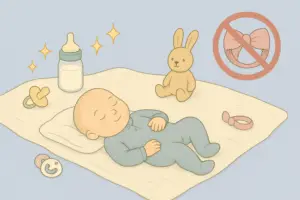 Storybook illustration of a reborn doll resting on a blanket with safe accessories — dummy, bottle, and toy rabbit — and a crossed-out headband in the corner.