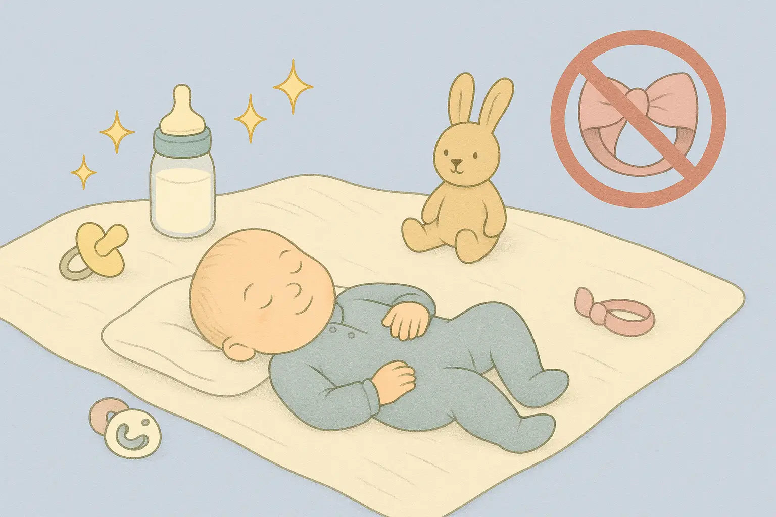 Storybook illustration of a reborn doll resting on a blanket with safe accessories — dummy, bottle, and toy rabbit — and a crossed-out headband in the corner.