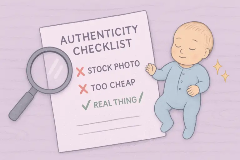Storybook illustration of an authenticity checklist with a magnifying glass, showing “stock photo” and “too cheap” crossed out, and a reborn baby beside it with sparkles.