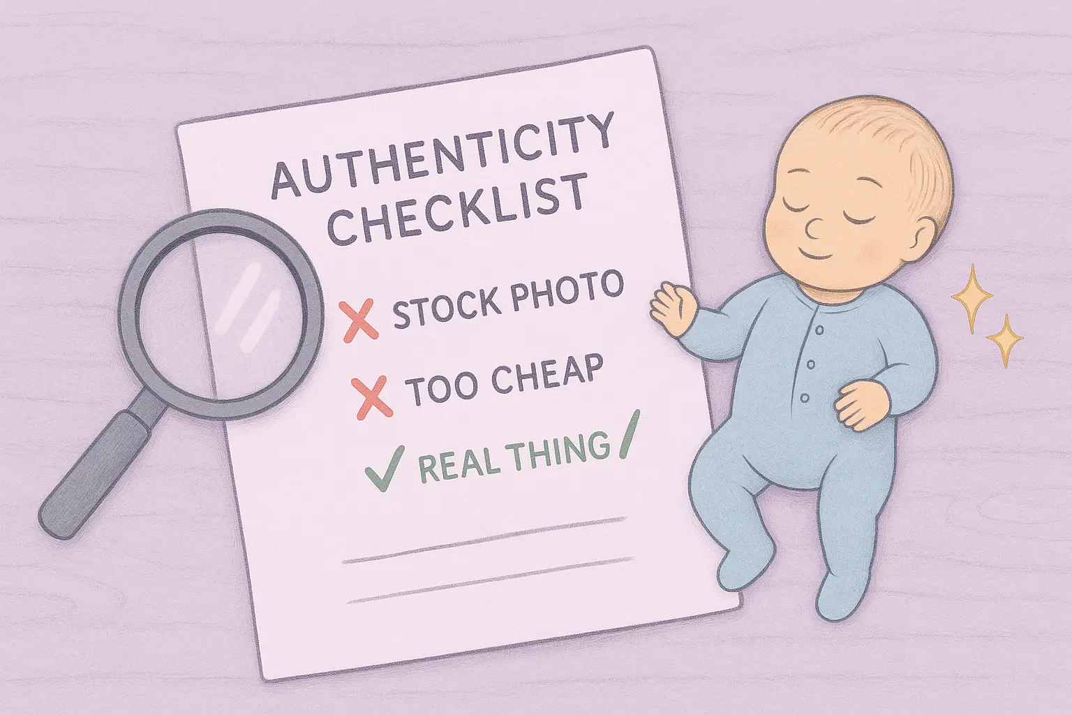 Storybook illustration of an authenticity checklist with a magnifying glass, showing “stock photo” and “too cheap” crossed out, and a reborn baby beside it with sparkles.