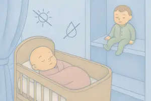 Storybook illustration of a reborn doll resting in a cradle shaded by curtains, with another doll on a shelf, and crossed-out icons for sun and water.