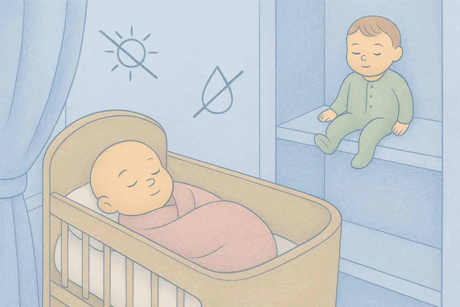 Storybook illustration of a reborn doll resting in a cradle shaded by curtains, with another doll on a shelf, and crossed-out icons for sun and water.