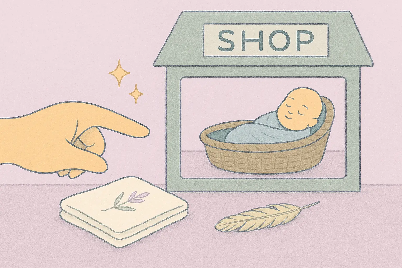 Storybook illustration of a parent’s hand pointing at a shop window with a reborn doll in a cradle, with a muslin cloth and feather nearby.