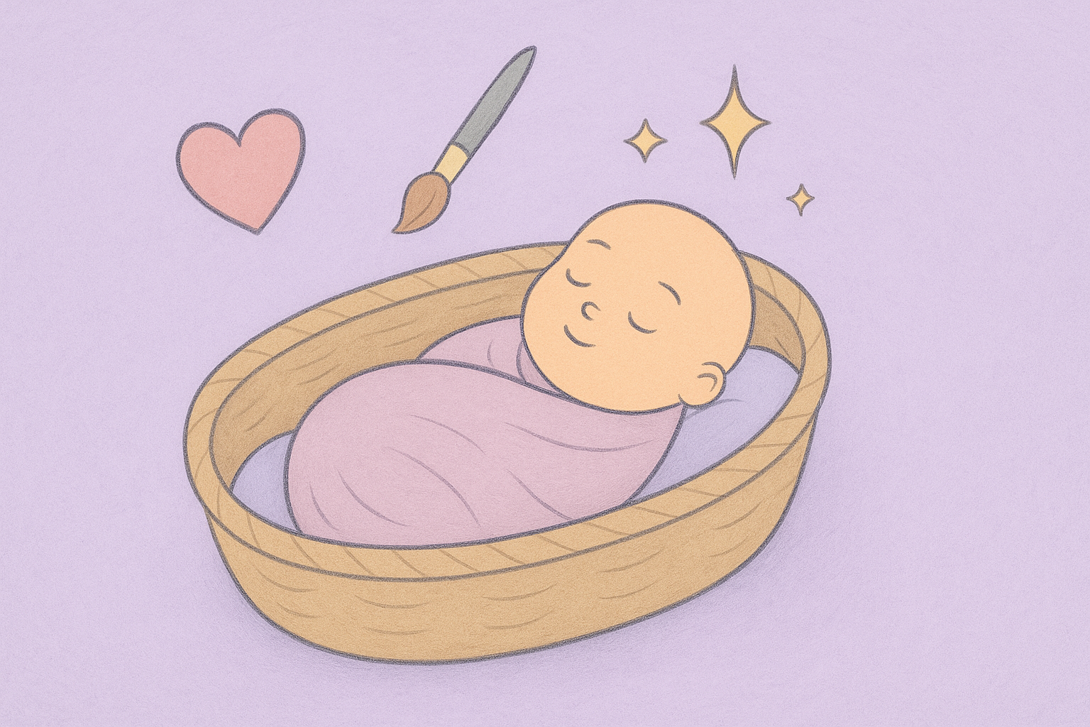 Storybook illustration of a reborn doll resting in a basket, with floating icons of a heart, a paintbrush, and sparkles on a lavender background.
