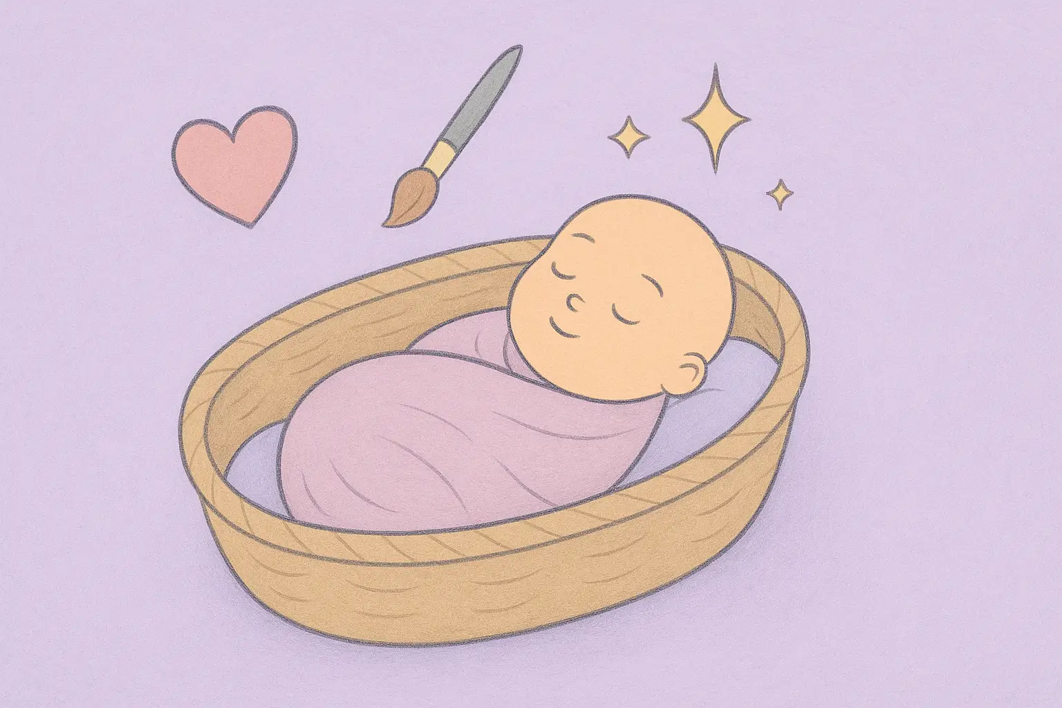 Storybook illustration of a reborn doll resting in a basket, with floating icons of a heart, a paintbrush, and sparkles on a lavender background.
