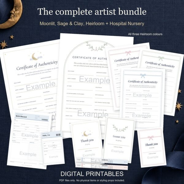 Complete reborn artist printable paperwork bundle, showing Moonlit, Sage and Clay, Heirloom and Hospital Nursery designs on a navy background.