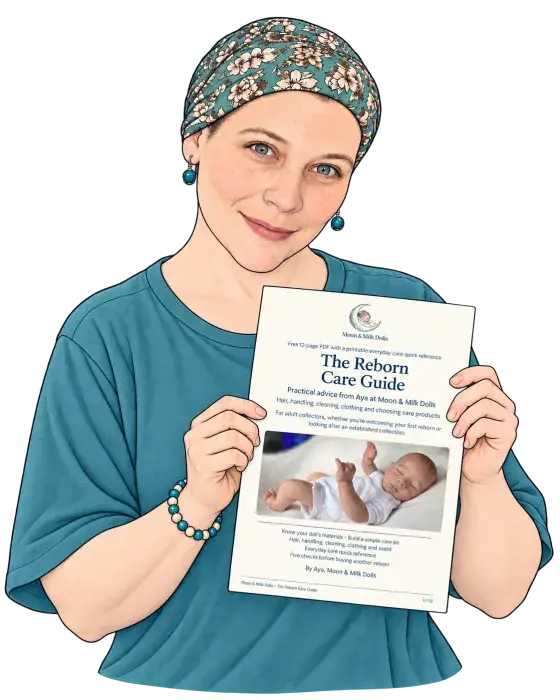 Illustration of Aya smiling and holding The Reborn Care Guide.